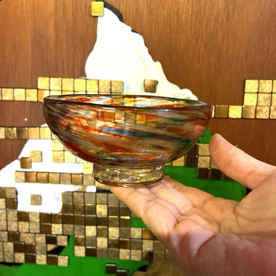 骨董　時代ガラス　希少　碗型　３色　吹雪紋　氷コップ　氷鉢　夏茶碗　１客②