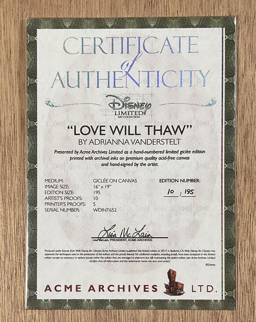 【アナと雪の女王】Vanderstelt ジクレ版画ディズニー証明書付き
