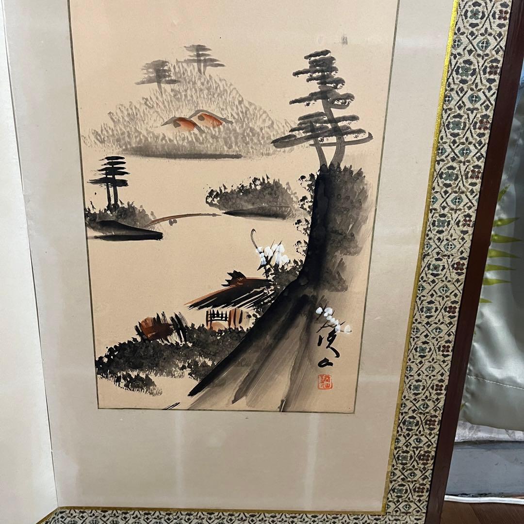 【アンティーク】昭和レトロ 御肉筆屏風 風景画 書 6枚 パーテーション 衝立