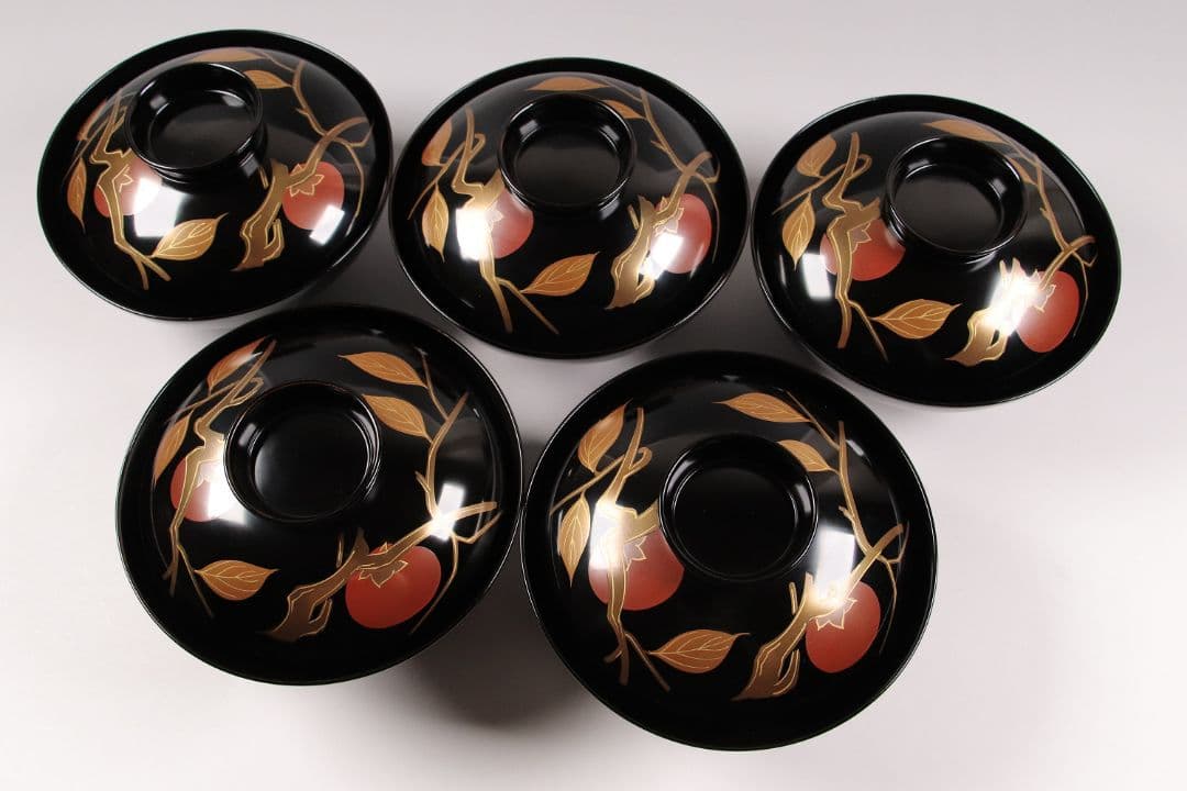 CK72 漆芸 木製漆器 輪島塗 柿蒔絵 黒塗御吸物椀 五客 / 秋 果物
