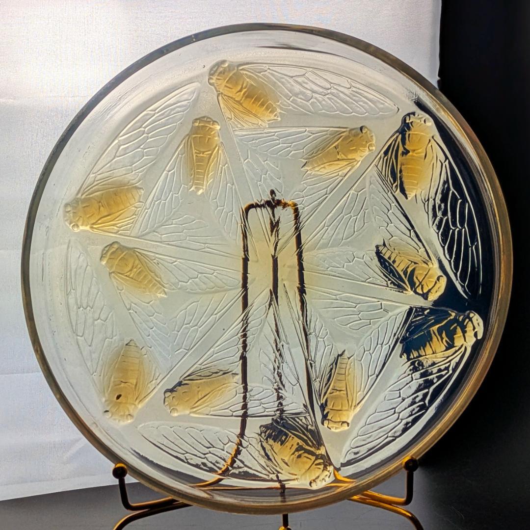 ラリックCigales 1921年セミ紋様26cm大蓋物 純正台座付　極希少