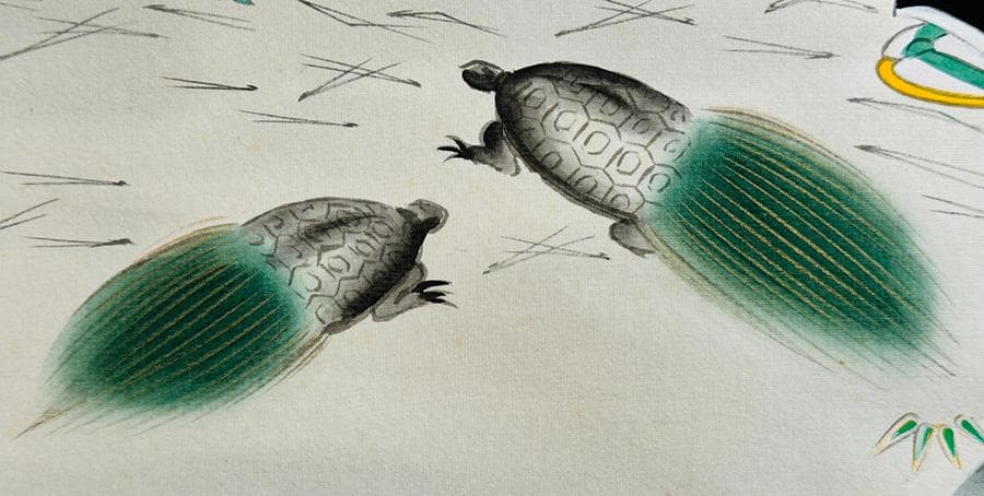 寿光筆 高砂之図 日の出に松 双亀 目出度図 縁起物 共箱