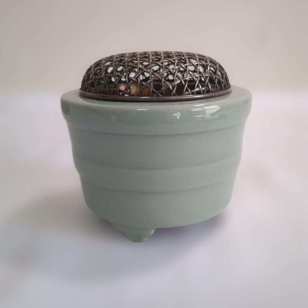諏訪蘇山 青磁香爐 網目火屋 共箱