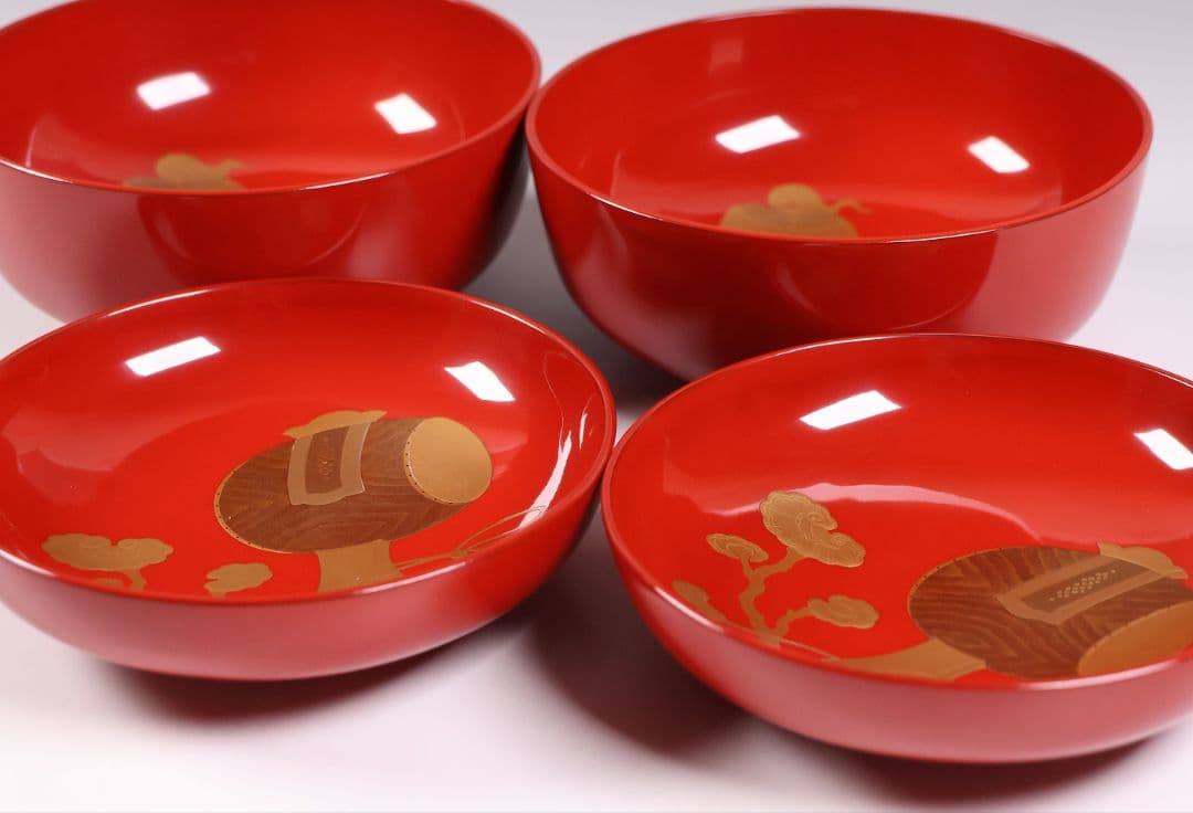 【CM360】輪島塗 宝尽くし金蒔絵 朱塗椀 二客 小槌 軍配 霊芝 木製漆器