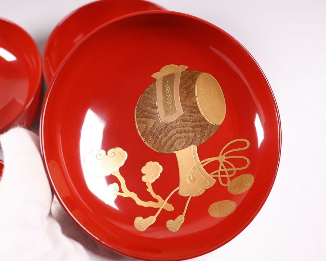 【CM360】輪島塗 宝尽くし金蒔絵 朱塗椀 二客 小槌 軍配 霊芝 木製漆器