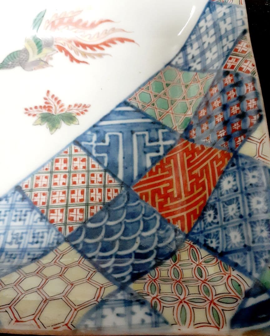 【珠玉逸品❗️】江戸時代　古伊万里　柿右衛門様式　鳳凰に桐　区割り文様　四方深皿