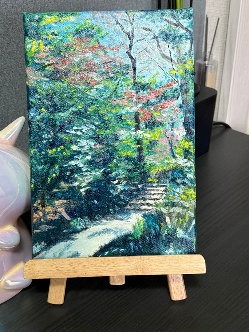 「林間の道」　手描き　油絵　風景画　原画　油彩画　印象派