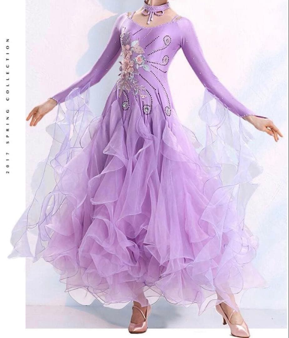 社交ダンス スタンダードドレス パープル チョーカー付き ダンス衣装 Sサイズ