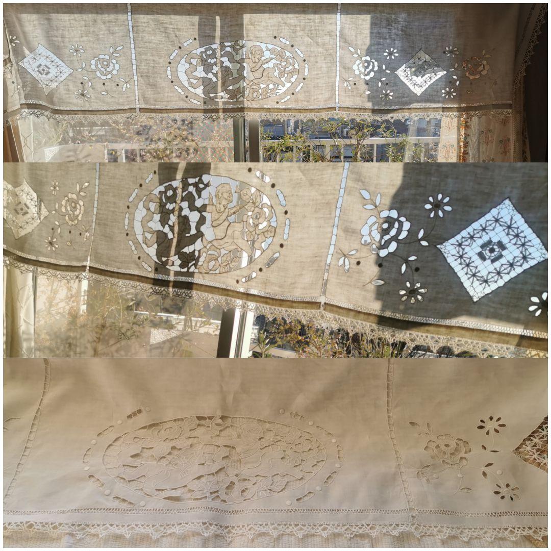 アンティークフランス オープンカットワーク リシュリュー天使 手刺繍ロングクロス