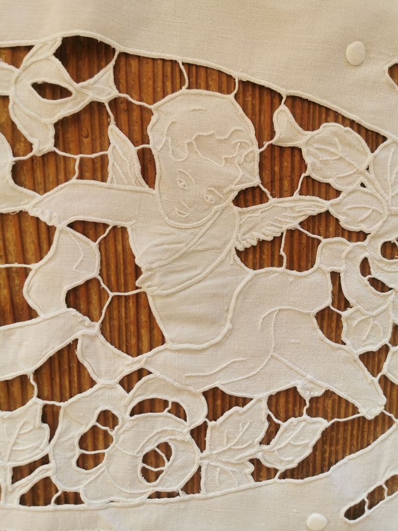 アンティークフランス オープンカットワーク リシュリュー天使 手刺繍ロングクロス