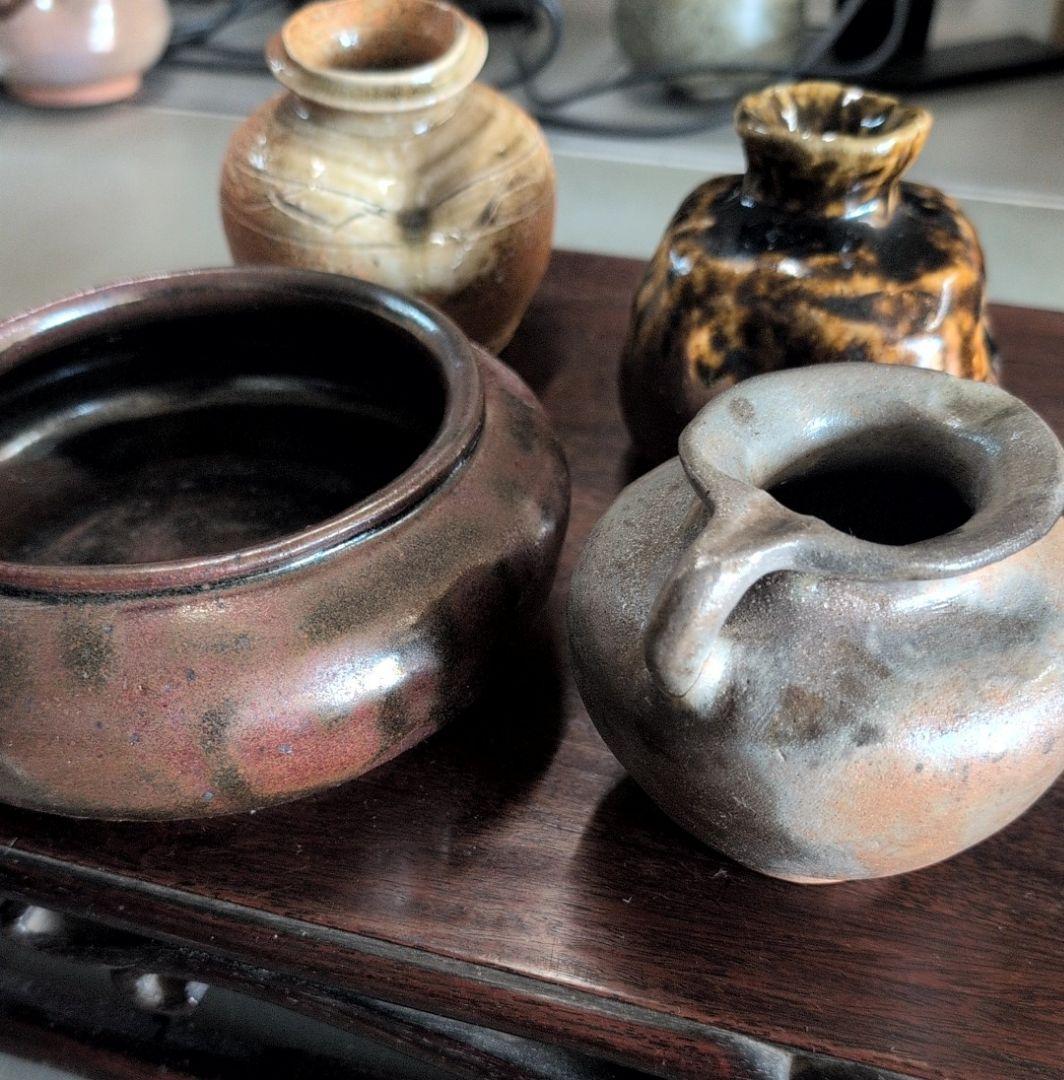 作家銘あり 花器 花瓶 4点セット 備前焼風 壺 一輪挿し 陶器 インテリア