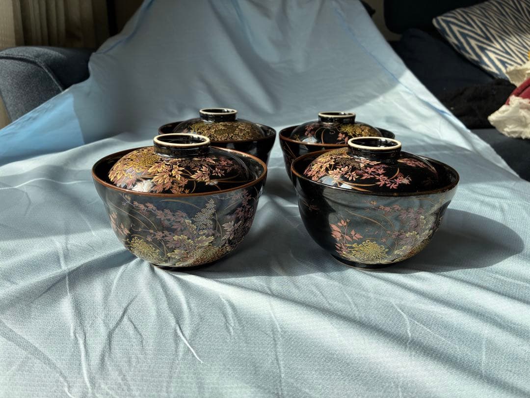 【有田焼】幸山窯 天目菊 蓋付きお椀 4客セット 金彩 豪華 汁椀 吸物椀