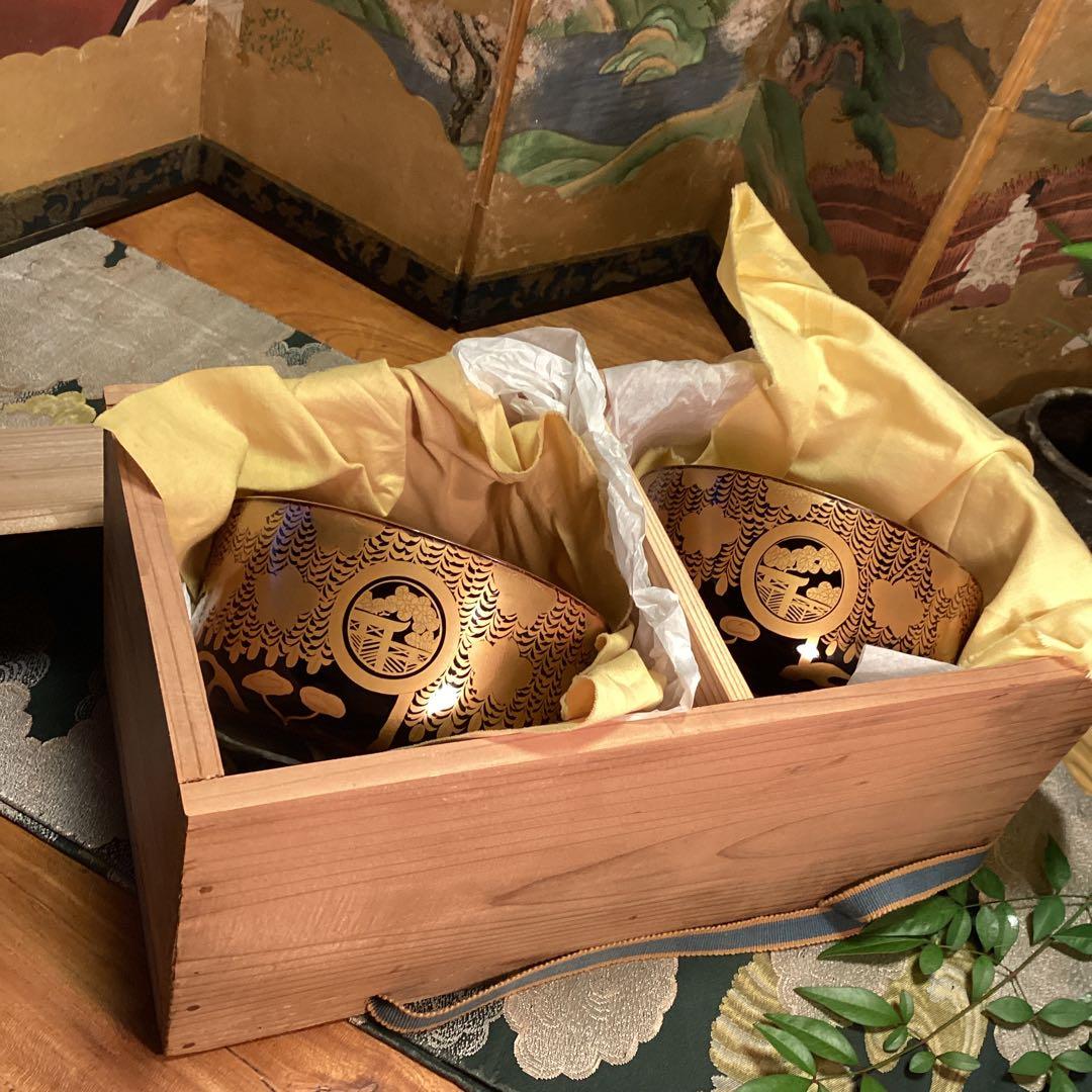 Ａ913 木製輪島塗　枝垂桜蒔絵　時代物　盃洗　1対　（合わせ箱付）