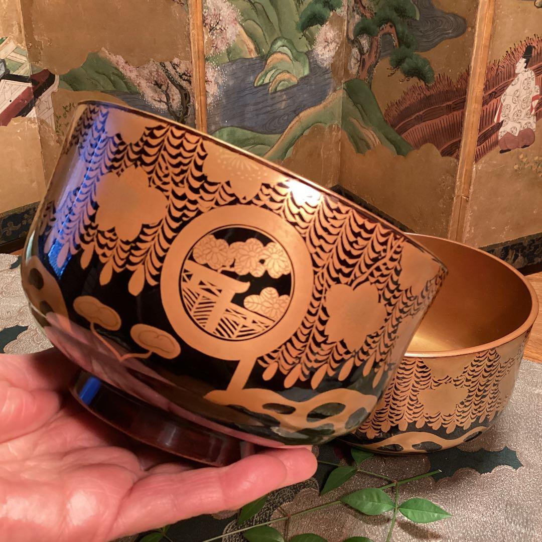 Ａ913 木製輪島塗　枝垂桜蒔絵　時代物　盃洗　1対　（合わせ箱付）