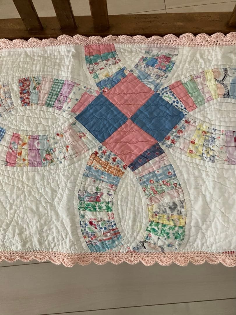 アンティークキルト　ダブルウエディング　ピンク系　フリーカバー