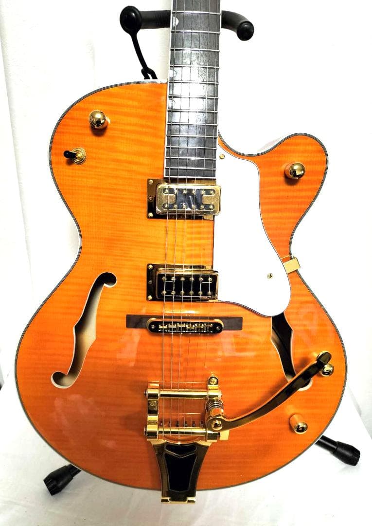 フルアコアーチトップギター③　オレンジ虎目トレモロアーム　ステンレスフレット