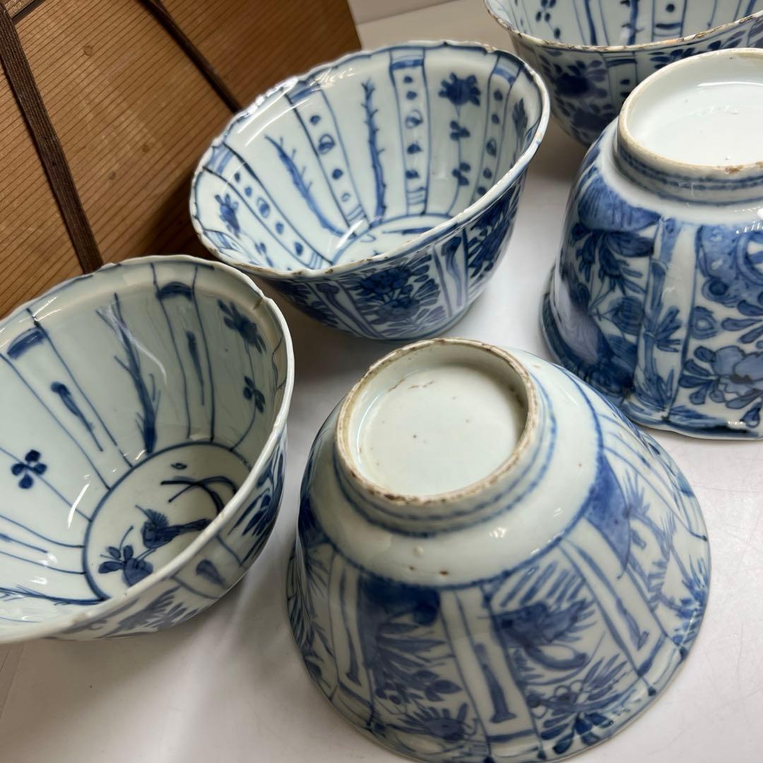 中国明時代　古染付芙蓉手鉢5客　木箱付　口径約13㎝　東Y8-0128☆2F