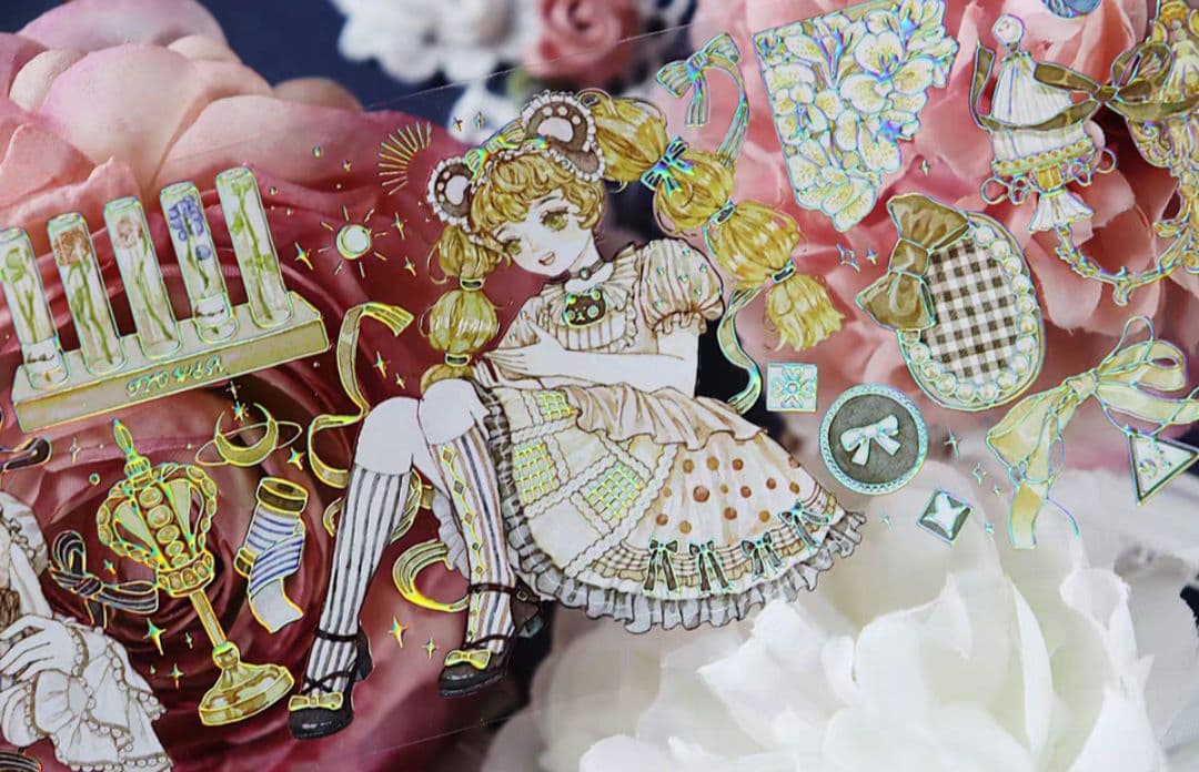 巻売 523★ 海外 マスキングテープ マステ PET 装飾 人物 金ホロ+水晶