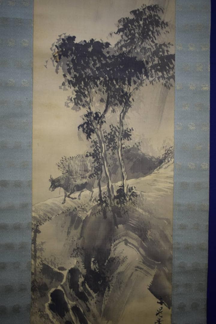 真作/谷文晁/山水牛図/杉題箱付/布袋屋掛軸HG-769