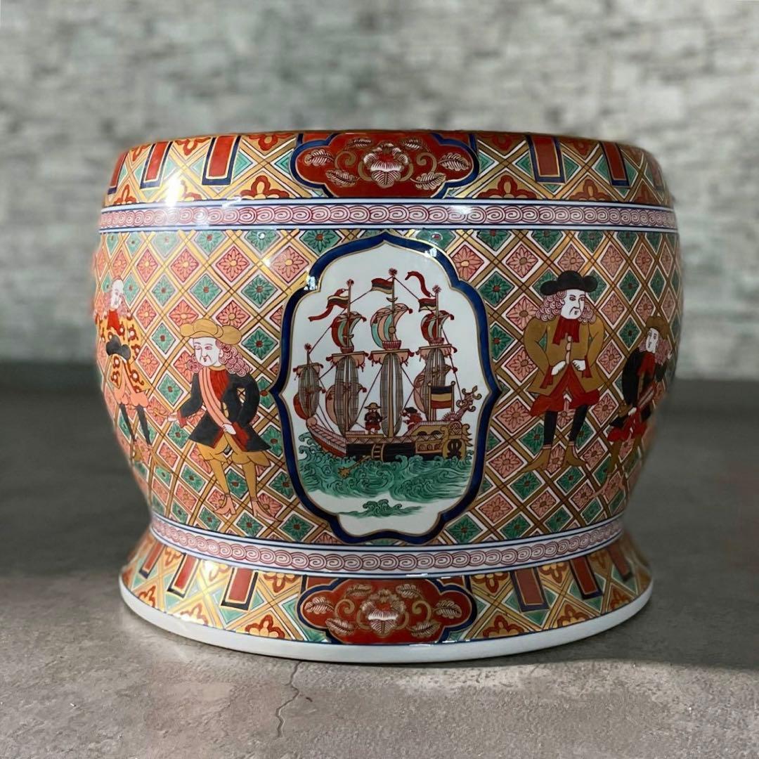 SNT257 極上品 有田焼 松右衛門 作 染錦金彩ラッタン人 南蛮船図火鉢