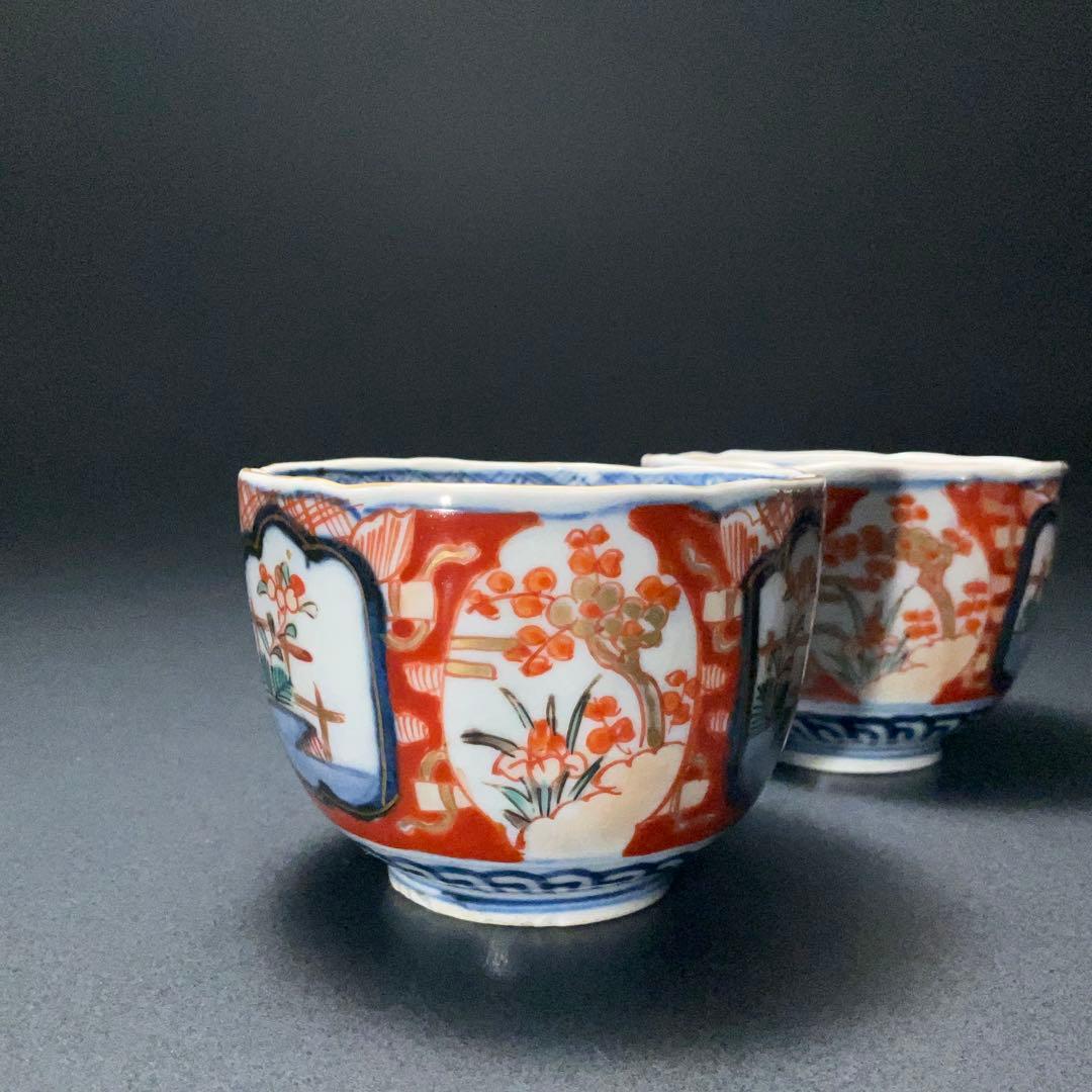 伊万里色絵窓絵花図向付3個　赤絵　通り文　古伊万里　R1373B2