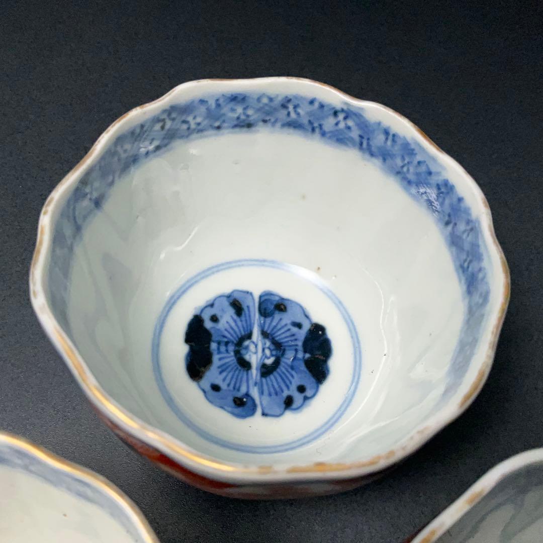 伊万里色絵窓絵花図向付3個　赤絵　通り文　古伊万里　R1373B2