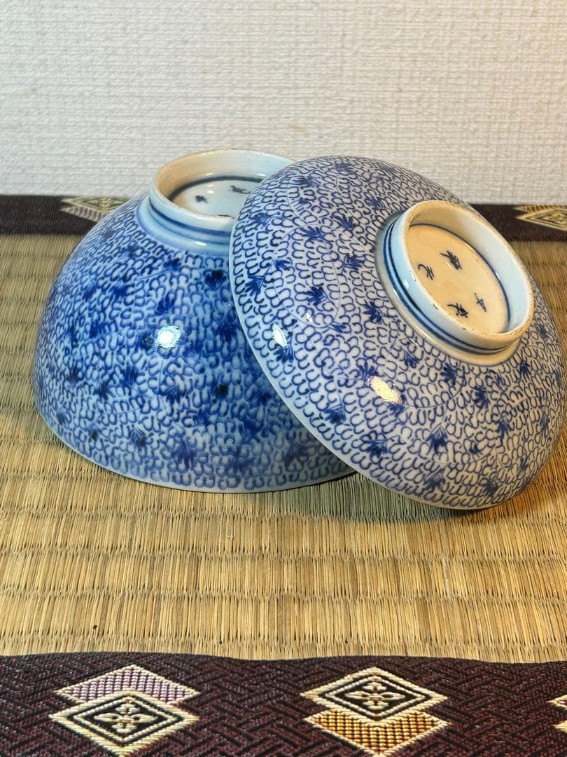 古伊万里染付 微塵唐草模様飯茶碗 江戸時代後期　2客 無傷