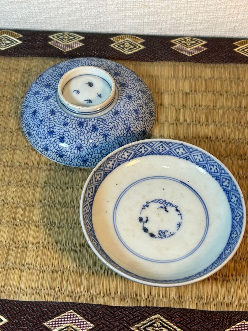 古伊万里染付 微塵唐草模様飯茶碗 江戸時代後期　2客 無傷