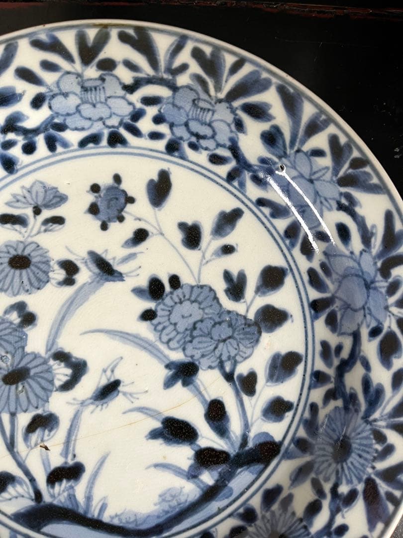 専用！古染付　桜　虫　菊　牡丹　花頭と、鳥の図芙蓉手古染付皿、合計２枚セット