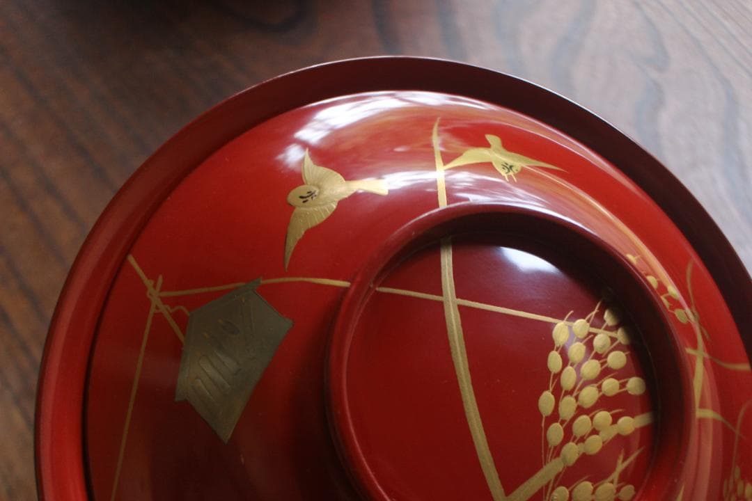 デッドストック！時代朱漆に極上稲穂雀蒔絵の映える大椀2点（検輪島塗蒔絵椀雑煮椀