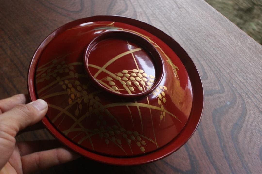 デッドストック！時代朱漆に極上稲穂雀蒔絵の映える大椀2点（検輪島塗蒔絵椀雑煮椀