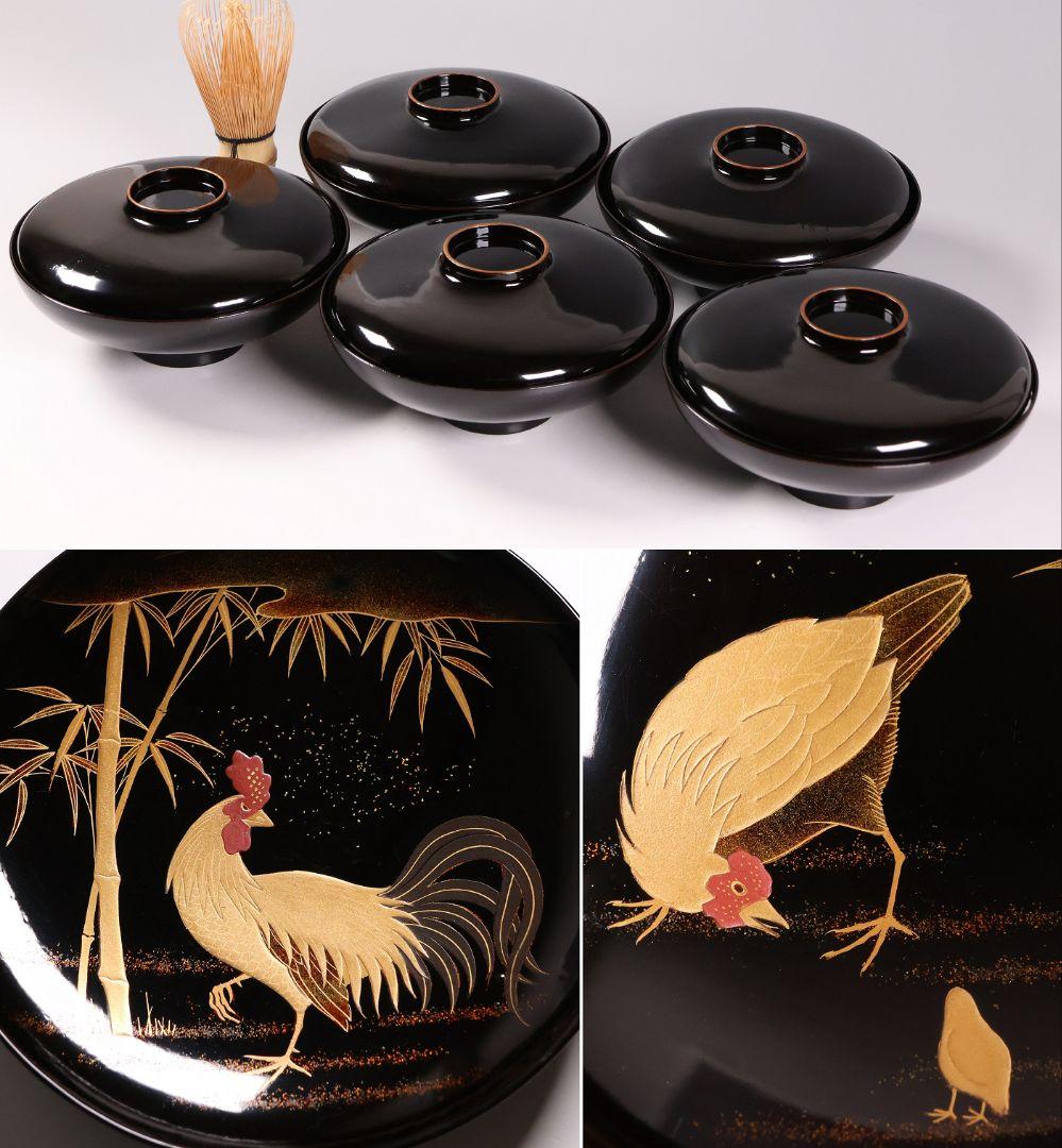 【CM354】時代蒔絵椀 竹に鶏金蒔絵 平椀五客 木製 /(検) 輪島塗加賀能登