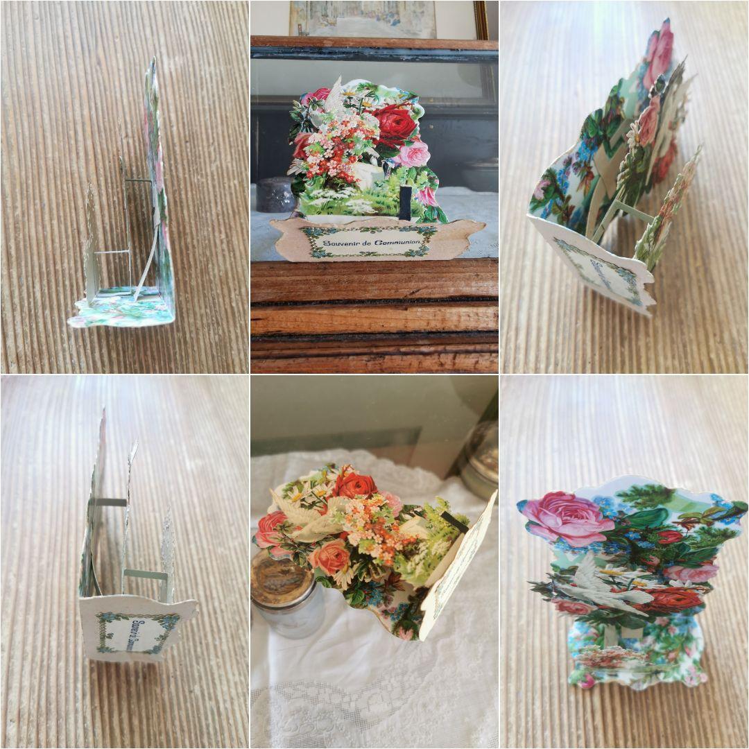 アンティークフランス 立体３層カードカニヴェ 聖体式記念 3D薔薇鳩バード勿忘草