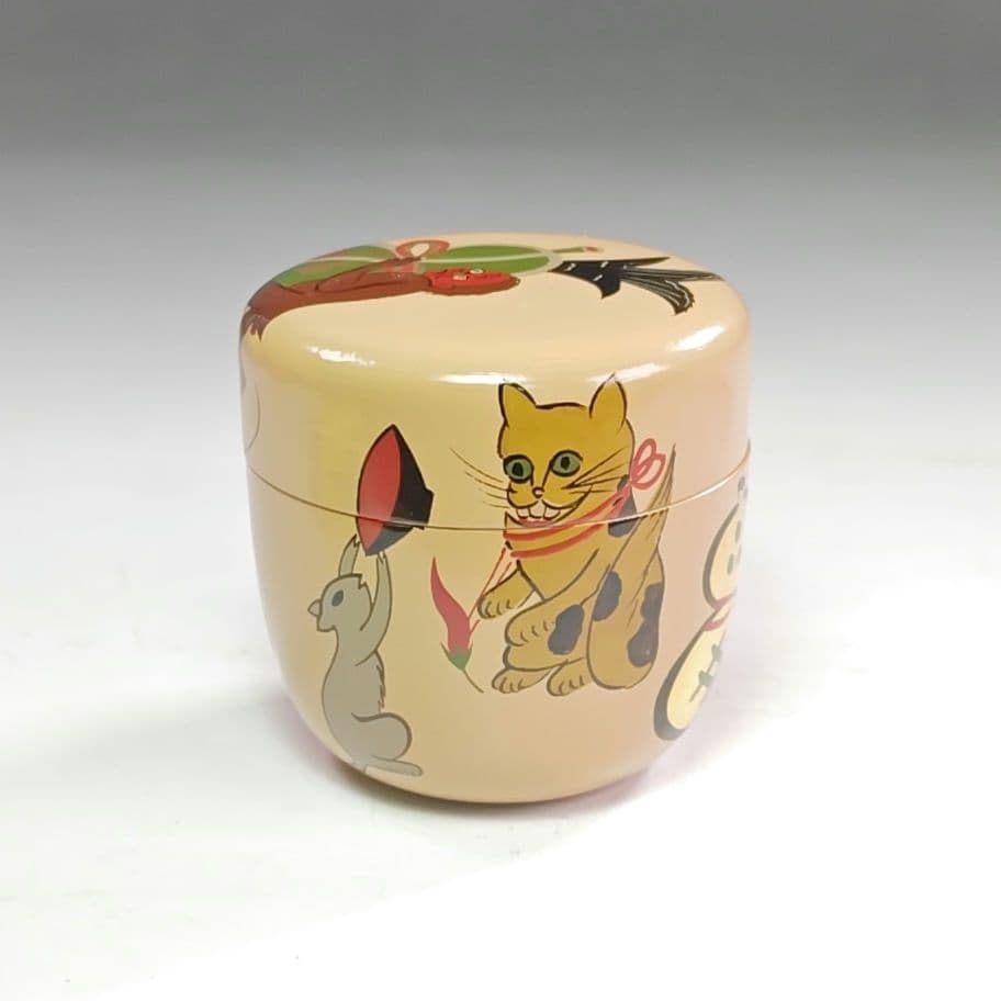 ウ211 棗『道場順一』『大津絵瓢箪鯰絵　白一閑塗　大棗　共箱』茶道具　茶器