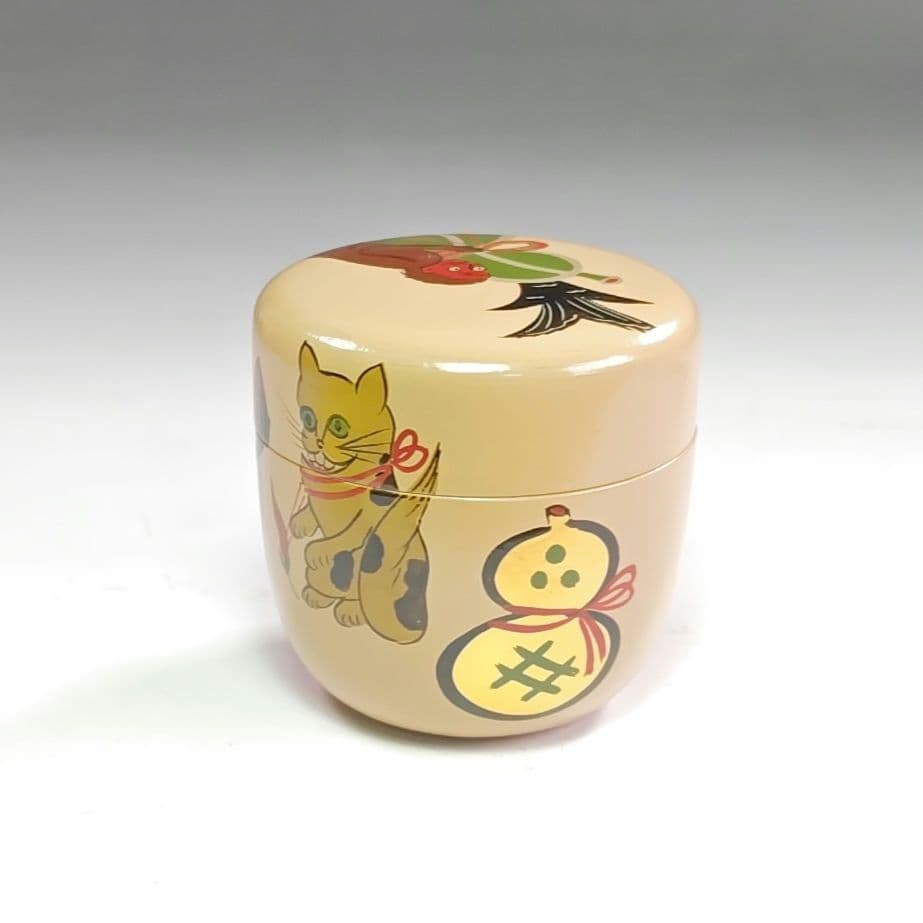 ウ211 棗『道場順一』『大津絵瓢箪鯰絵　白一閑塗　大棗　共箱』茶道具　茶器