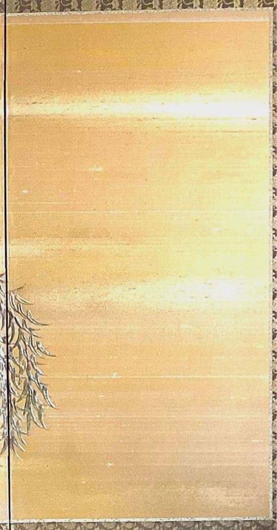 四つ折り屏風　日本画　金箔彩色　『柳に鷺』