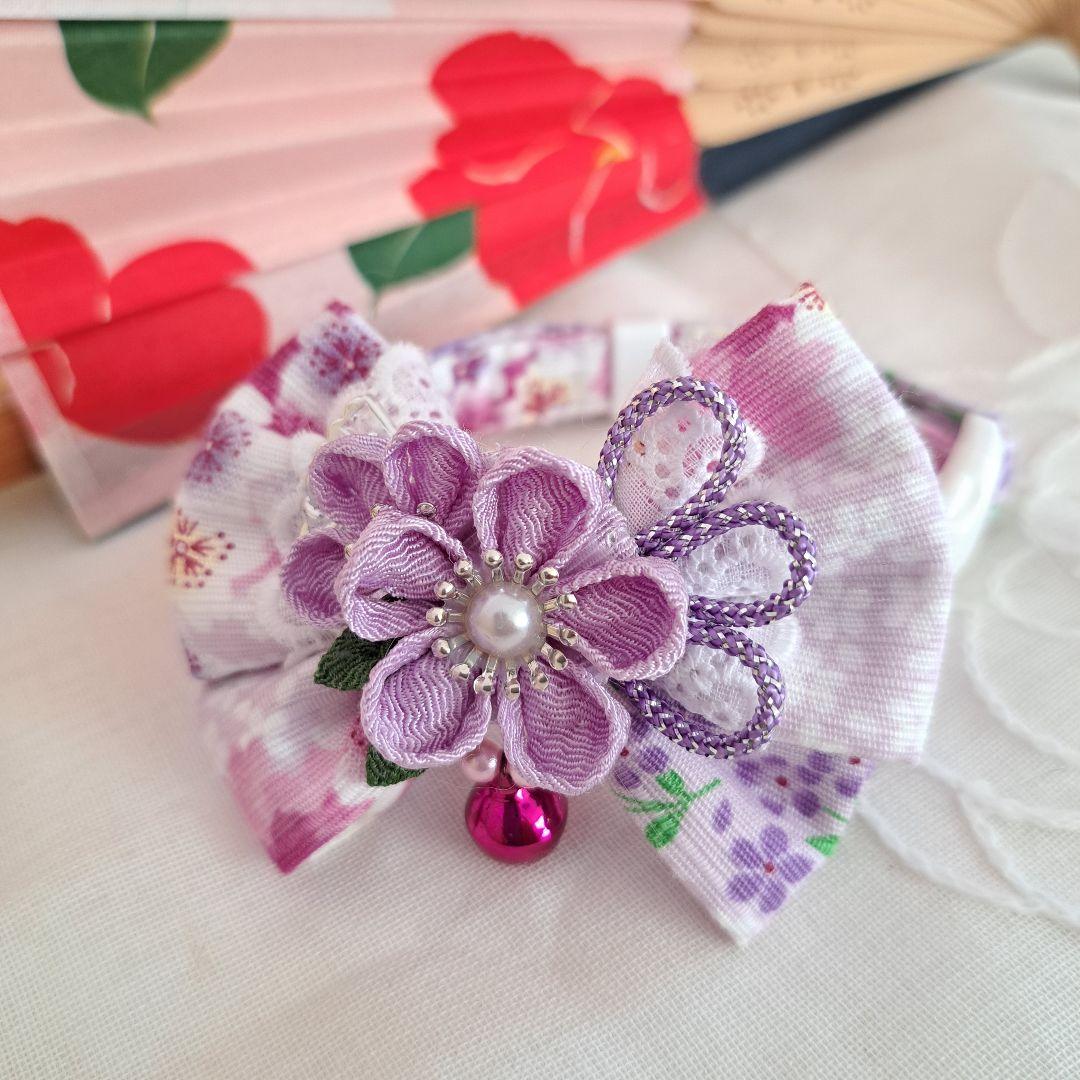 つまみ細工ダブルリボン(藤色)わんちゃん猫ちゃん用首輪