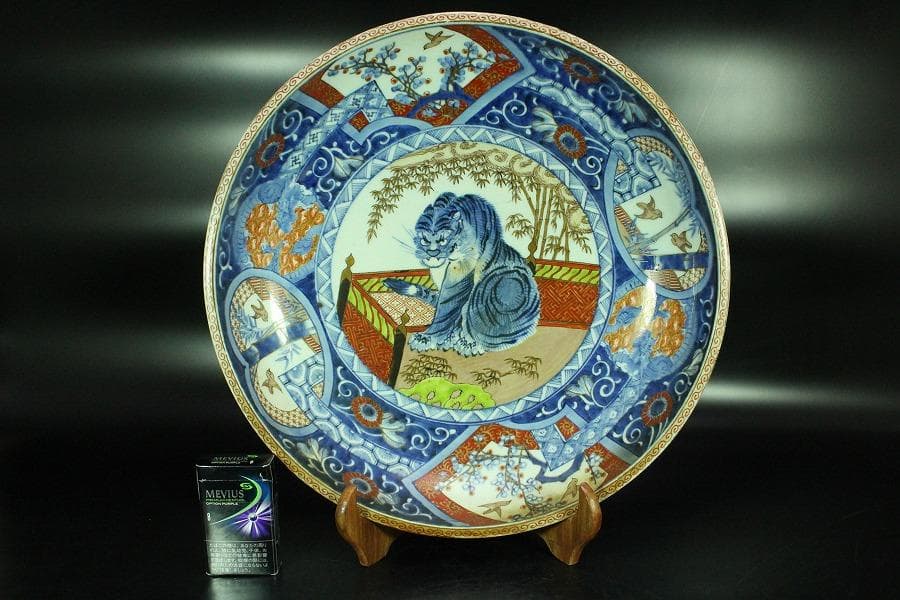 染錦 虎図 大皿 骨董品 φ39cm(K-YC473)