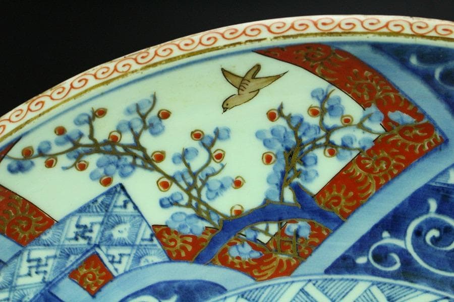 染錦 虎図 大皿 骨董品 φ39cm(K-YC473)