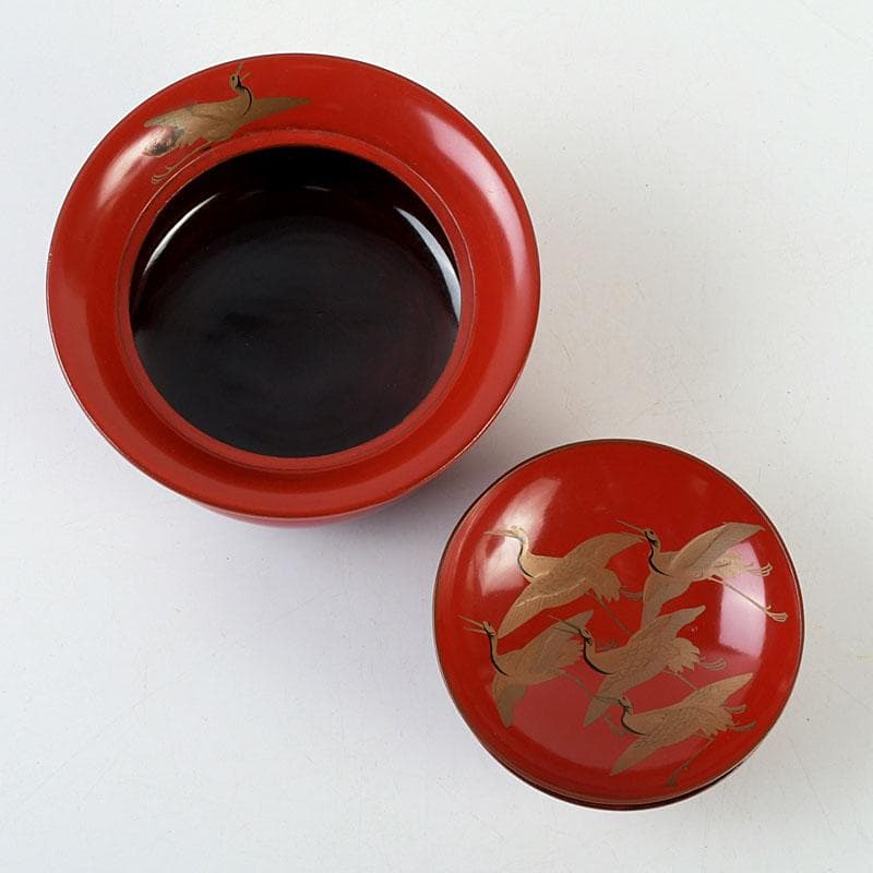 和食器　朱塗　鶴蒔絵　椀　盃　時代箱　V　9585