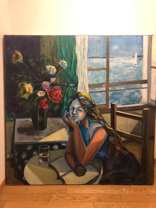 インテリア　絵画  油絵  題ー窓辺の女ー  f50
