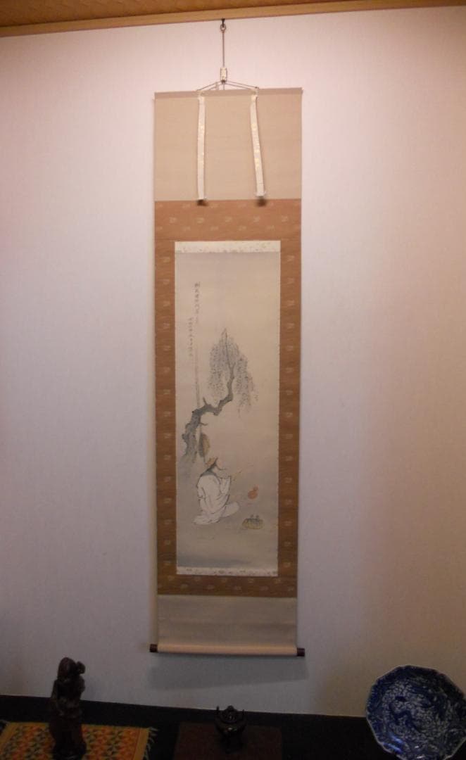 掛け軸 小出陽祐 『 漁想問答之図 』 二幅対 絹本 希少 茶道具 掛軸 美品