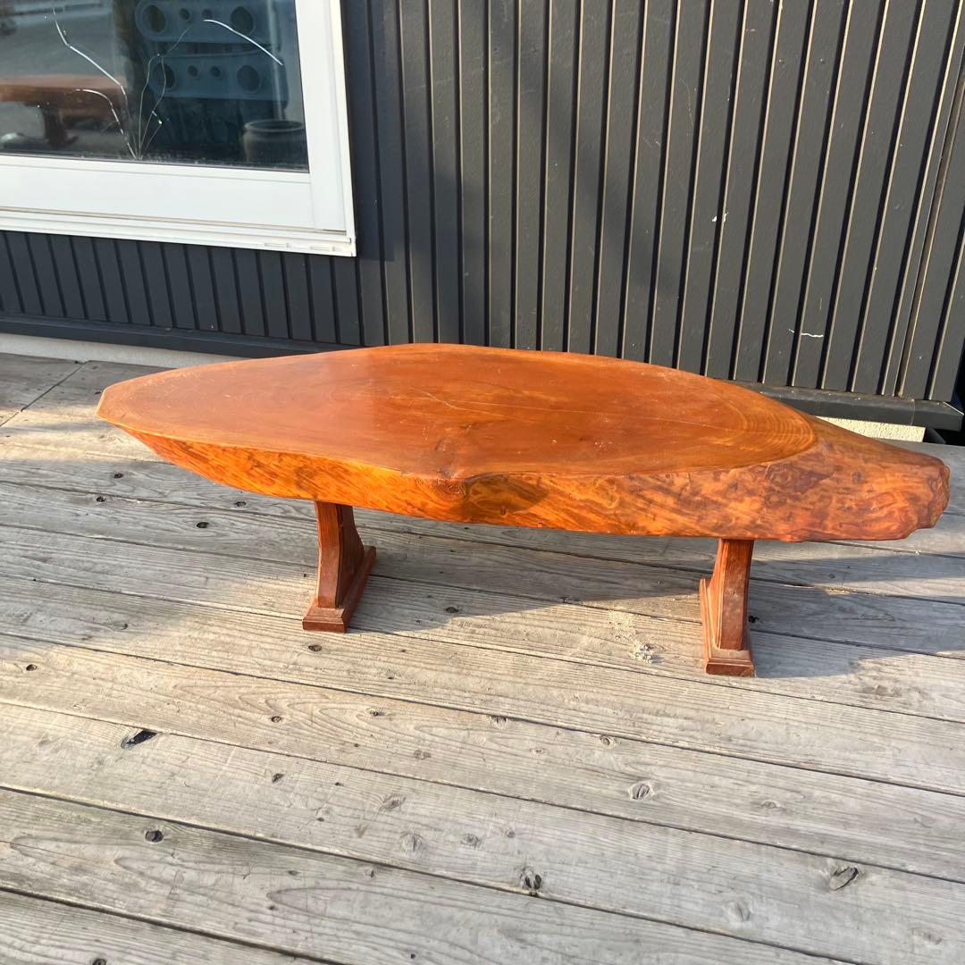 ①昭和レトロ 木製 天然木 欅材 一枚板 脚付き 座卓 センターテーブル 楕円形
