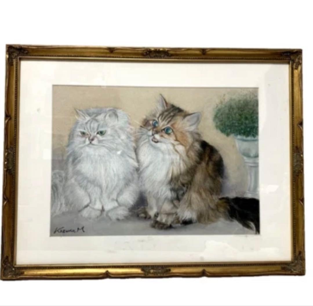 【額装美術品】町田和子 猫 絵画 パステル画 サイン入り 1988作品 求愛 r