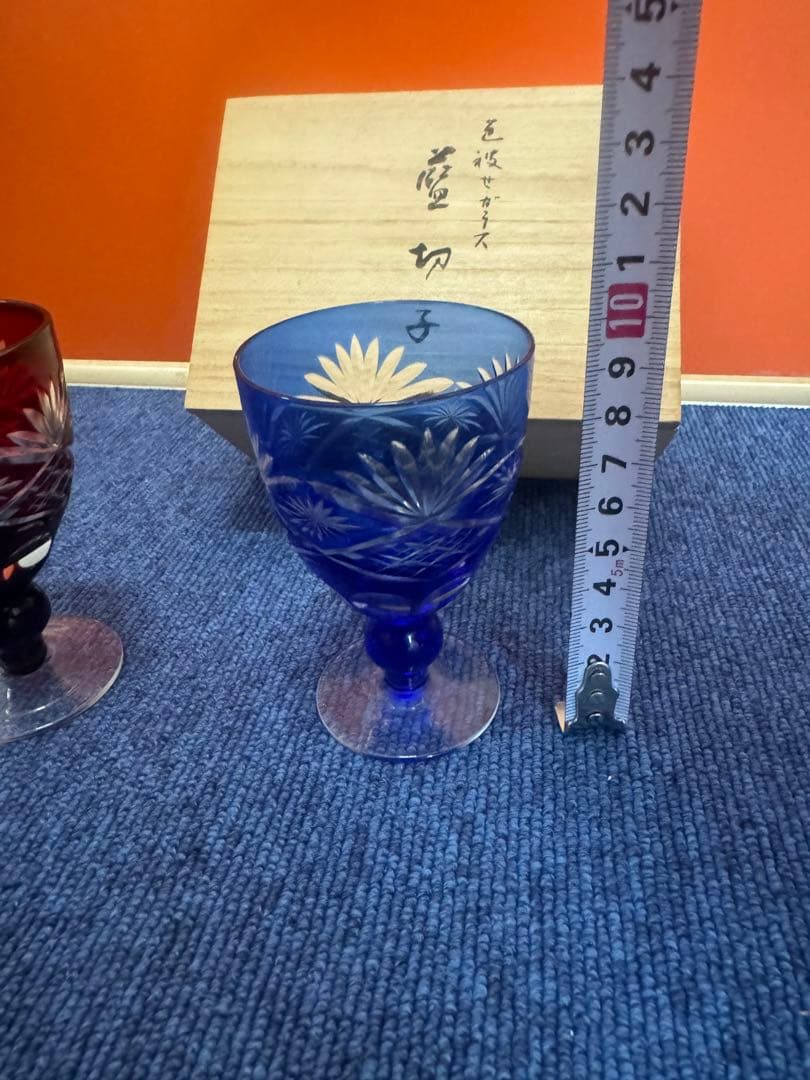 1618 色被せ　ガラス　藍切子　未使用