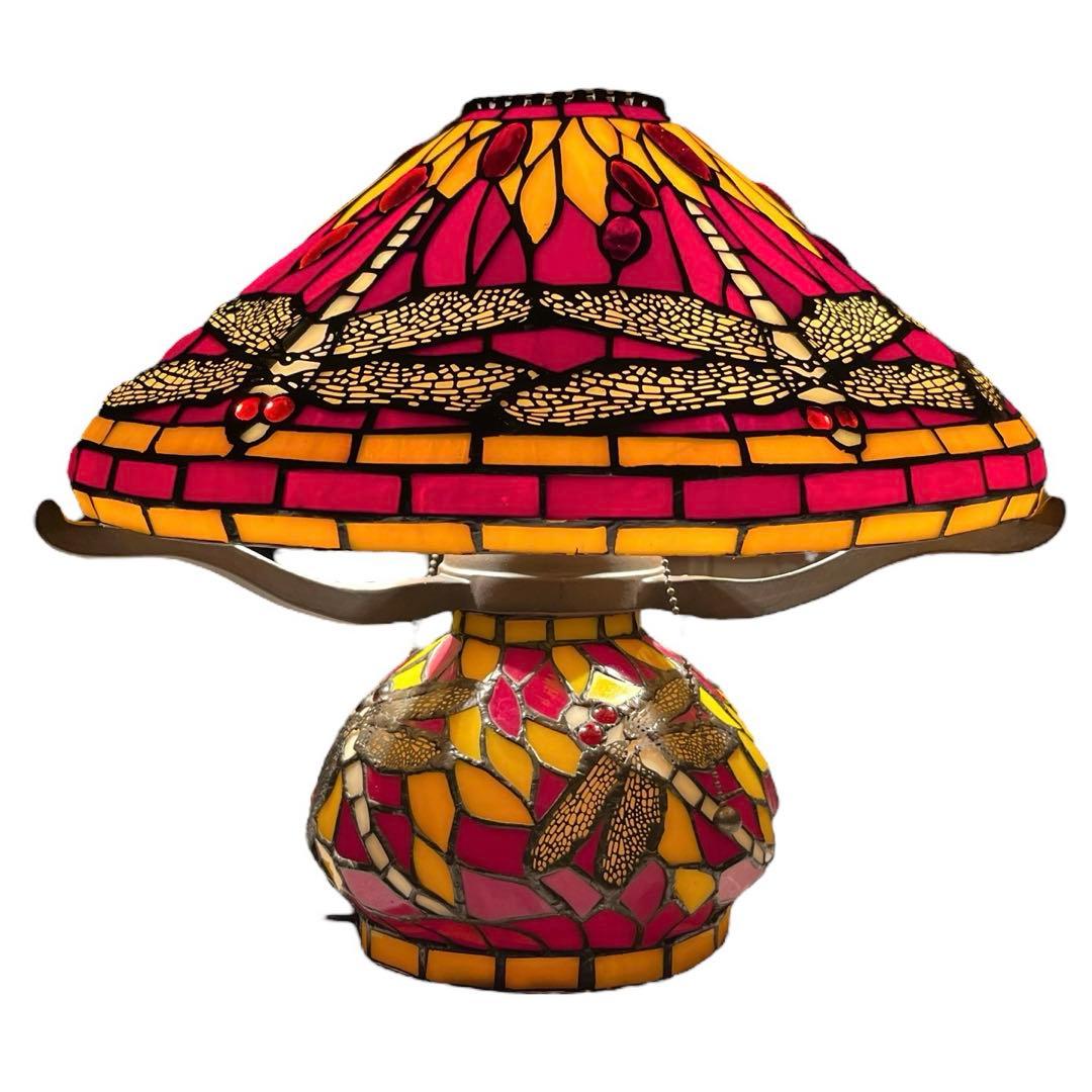 ステンドグラス ヴィンテージテーブルランプ ３灯　トンボ　 アンティーク