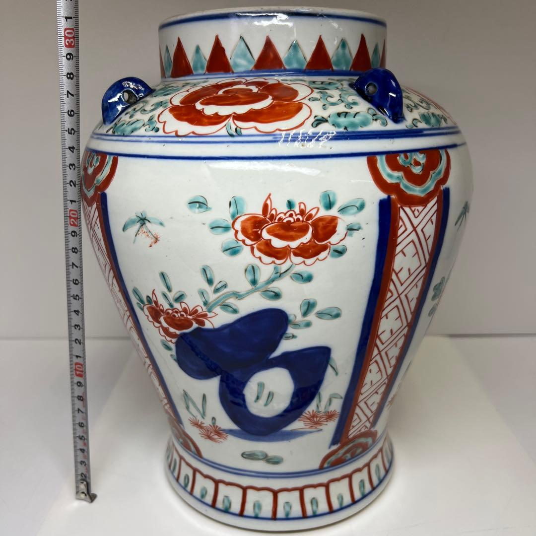中国古玩　赤絵耳付壷　高さ約32㎝　東Y7-1104①トヒオ