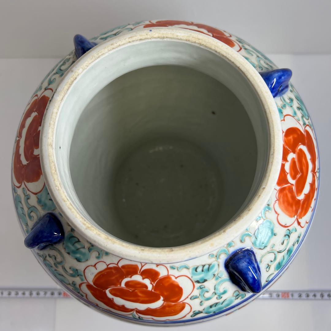 中国古玩　赤絵耳付壷　高さ約32㎝　東Y7-1104①トヒオ