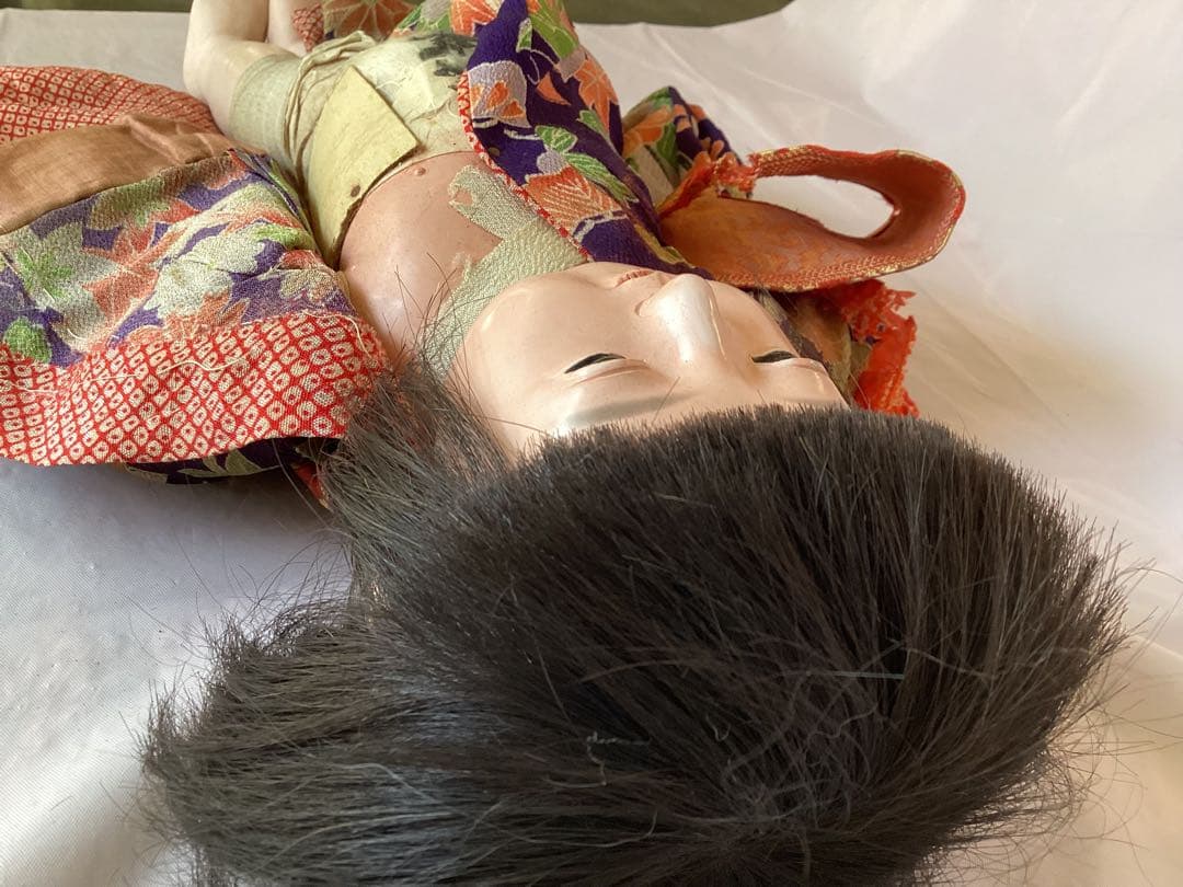 ヴィンテージ市松人形 徳光斎　約40cm 花柄着物　吹子付き　人毛　ガラス眼