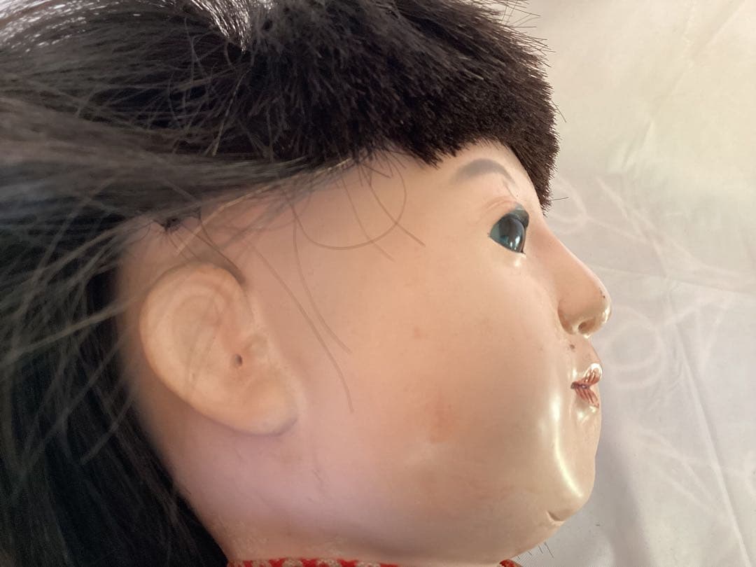 ヴィンテージ市松人形 徳光斎　約40cm 花柄着物　吹子付き　人毛　ガラス眼